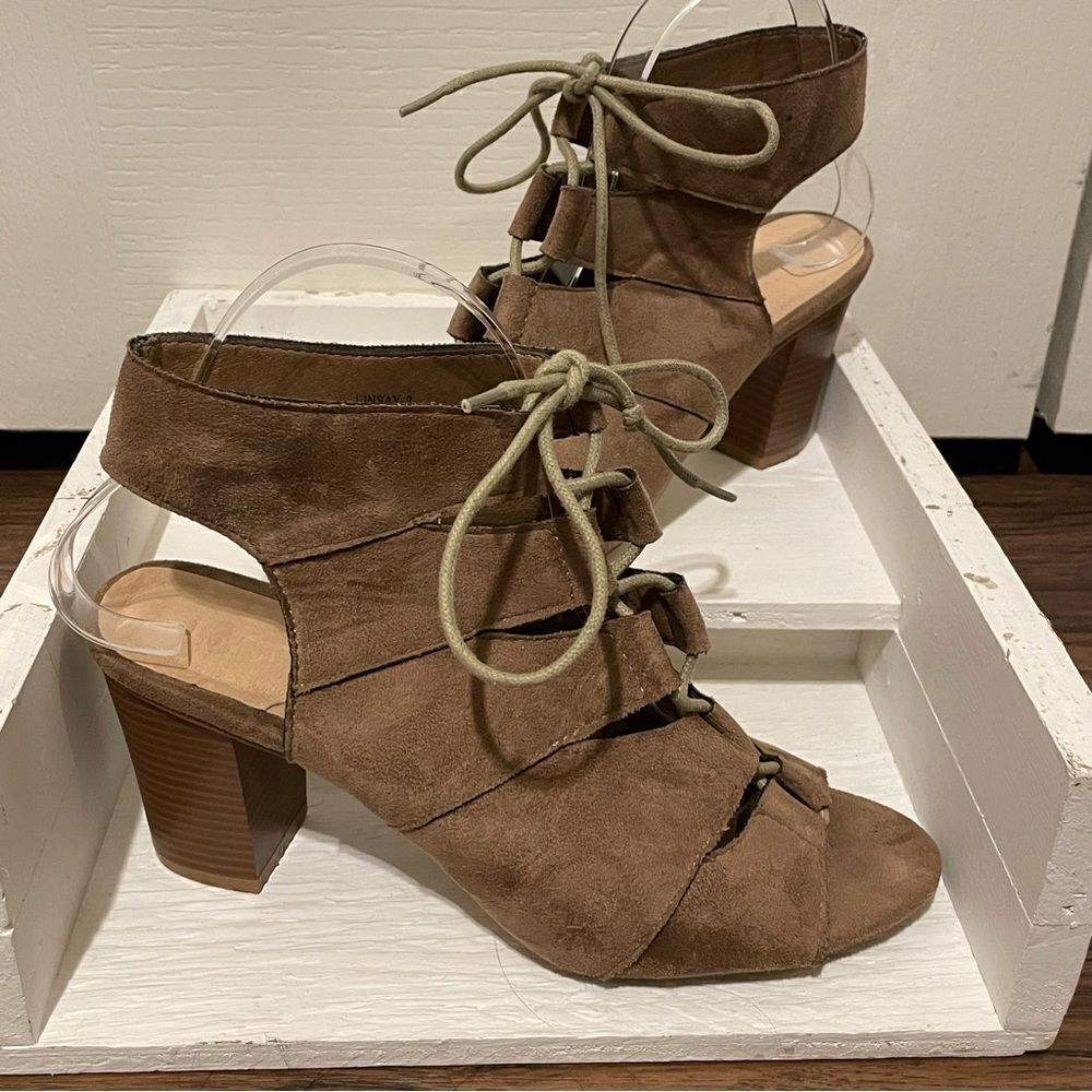 Lov Mark Women’s Suede Leather Linsay Lace Up Block Heels Shoes Tan 8.5